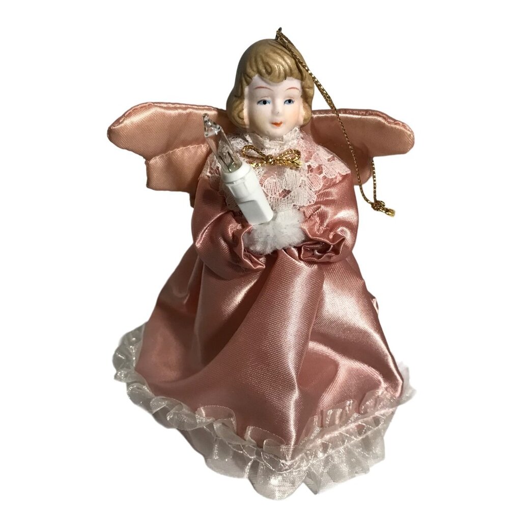 Angel Tree Ornament Vintage Porcelain With Light Pink Peach Dress Lace & Cord